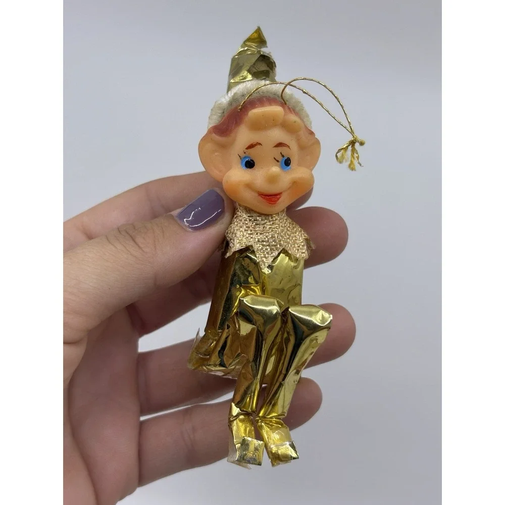 VINTAGE DELTA JAPAN GOLD PIXIE ELF KNEE HUGGER CHRISTMAS ORNAMENT BIG NOSE W TAG